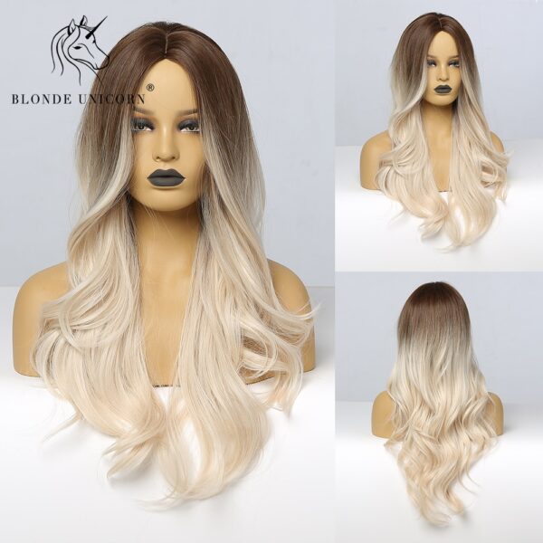 Blonde Unicorn Ombre Blonde Brown Long Wig Middle Part Hair Wig Cosplay Natural Heat Resistant Synthetic Wigs for Women