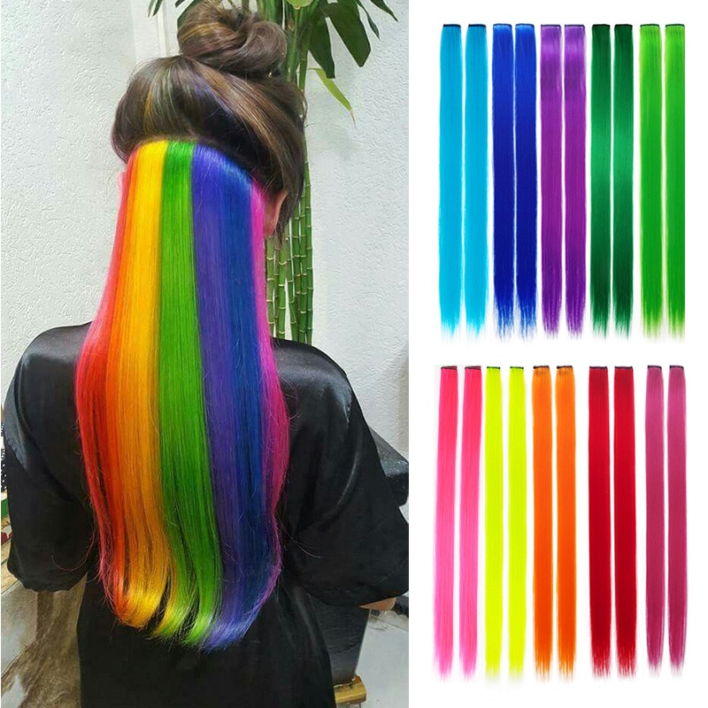 Long Straight Hair Piece Hair Extensions Clip In Highlight Rainbow Color Hair Streak Blue Pink Yellow Synthetic Hair Strands