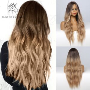 Blonde Unicorn Ombre Blonde Brown Long Wig Middle Part Hair Wig Cosplay Natural Heat Resistant Synthetic Wigs for Women