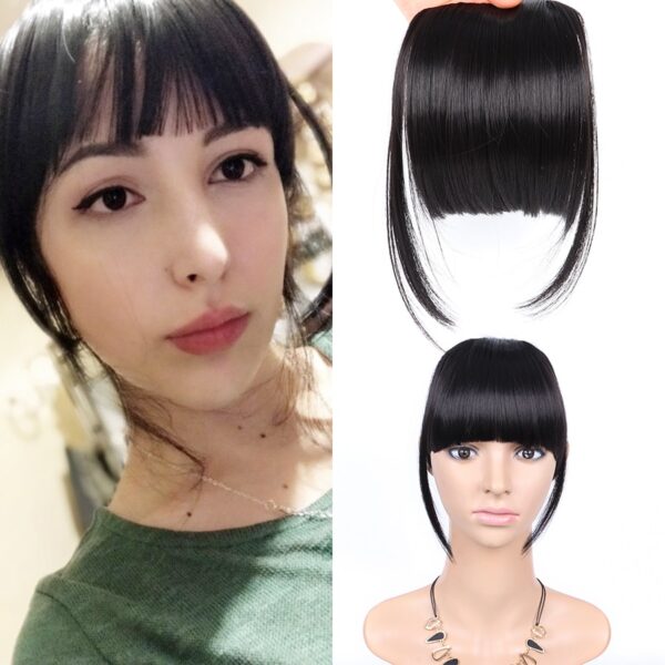 AliLeader Black Fake Hair Bans Front Neat Bangs Clip In Hairpiece Fringe Hair Extensions For Women Straight Synthetic Pure Color