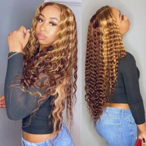 Curly Human Hair Wig Honey Blonde Ombre 13x1 Brazilian Brown Color Deep Water Wave Hd Full Frontal Highlight Bob Lace Front Wigs