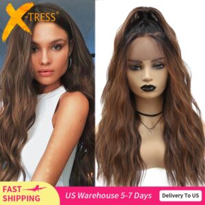 Synthetic Lace Front Wigs Ombre Brown Black Color Natural Wave Long Free Part Hair Wig For Black Women Heat Resistant X-TRESS