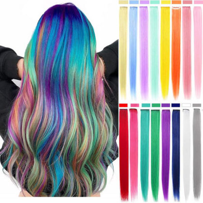 Colorful Clip In One Piece Synthetic Hair Extension Long Straight and Curly Hairpiece For Women Girl Kids With Cosply